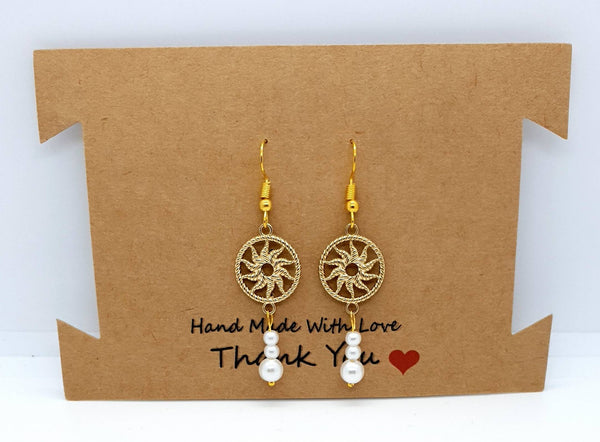 Handmade Gold Sun Earring With White Pearl Drop
