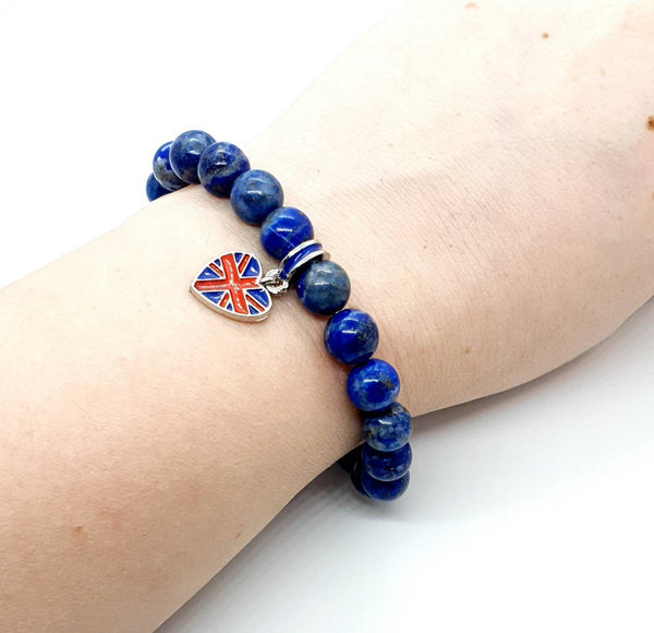 Handmade Blue Lapis lazuli crystal beaded bracelet with Union Jack heart