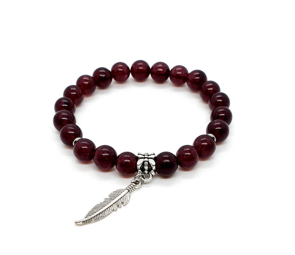 Handmade Red Garnet Crystal Bracelet With Silver Feather Charm