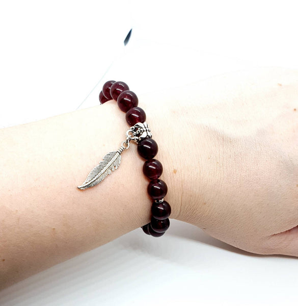 Handmade Red Garnet Crystal Bracelet With Silver Feather Charm