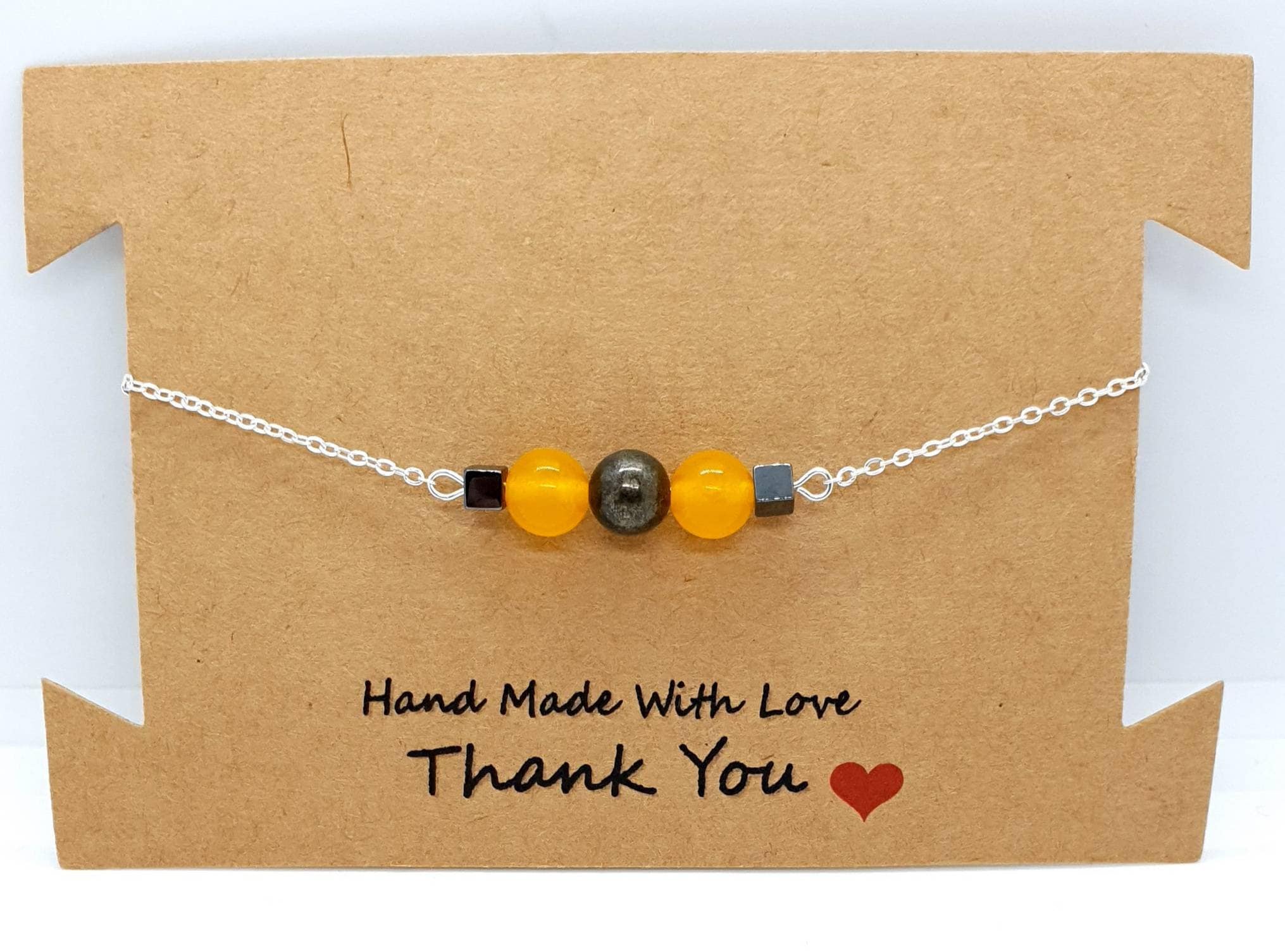 Handmade Silver Chain Bracelet With Yellow Jade and Pyrite Crystal