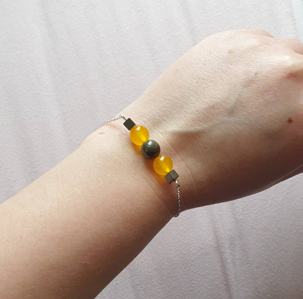 Handmade Silver Chain Bracelet With Yellow Jade and Pyrite Crystal