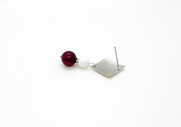 Silver Square Earrings With White Tridacna and Pink Agate Crystal