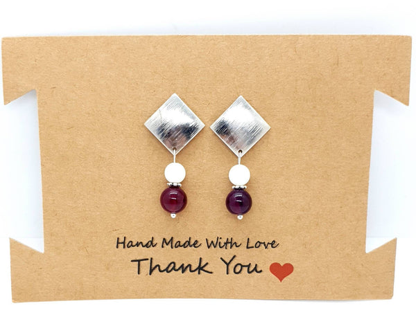Silver Square Earrings With White Tridacna and Pink Agate Crystal