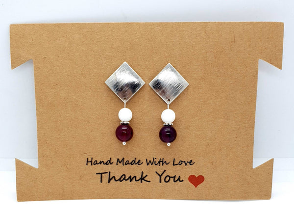 Silver Square Earrings With White Tridacna and Pink Agate Crystal