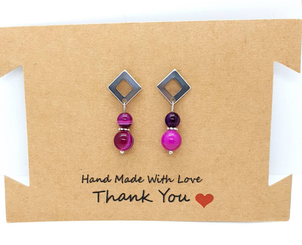 Handmade Silver Square Earrings With Pink Fuchsia Agate Crystal