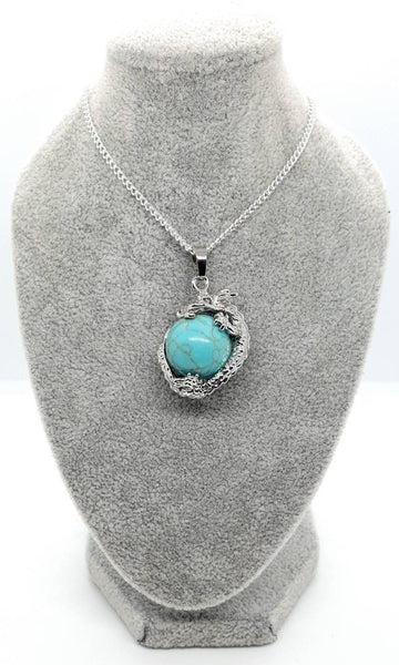 Green Turquoise Crystal Ball Necklace Pendant With Silver Dragon