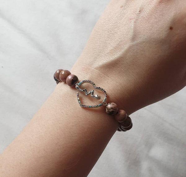 Handmade Rhodonite Crystal Beaded Bracelet With Silver Heart