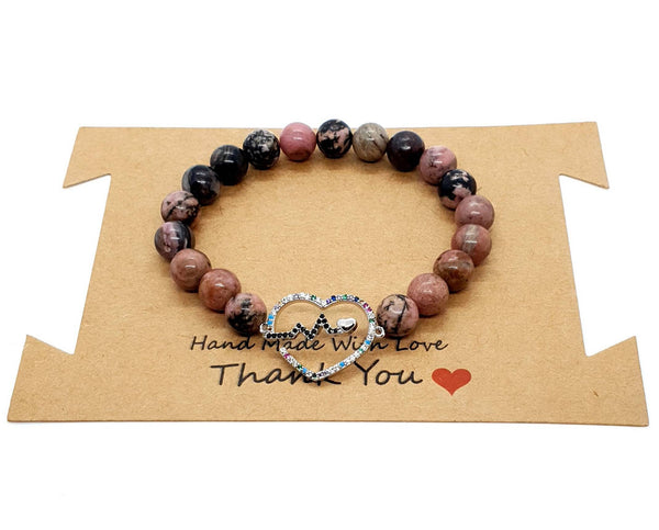 Handmade Rhodonite Crystal Beaded Bracelet With Silver Heart