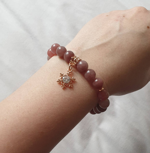 Handmade Pink Lepidolite Crystal Beaded Bracelet With Rose Gold Star