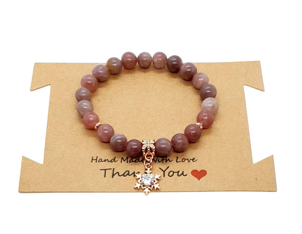 Handmade Pink Lepidolite Crystal Beaded Bracelet With Rose Gold Star