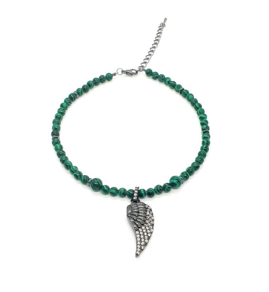 Handmade Green Malachite Crystal Anklet With Black Gemstone Angel Wing