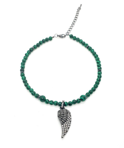Handmade Green Malachite Crystal Anklet With Black Gemstone Angel Wing