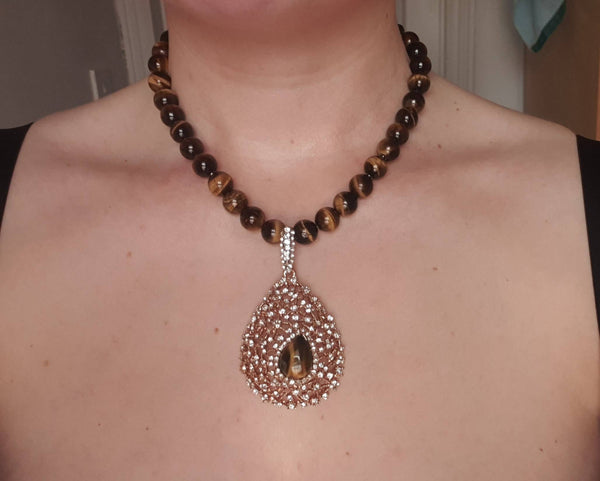 Tiger Eye Crystal Beaded Necklace With Gold Gemstone Teardrop Pendant
