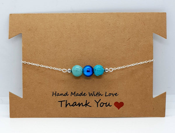 Handmade Green Turquoise Crystal and Blue Hematite Silver Chain Bracelet