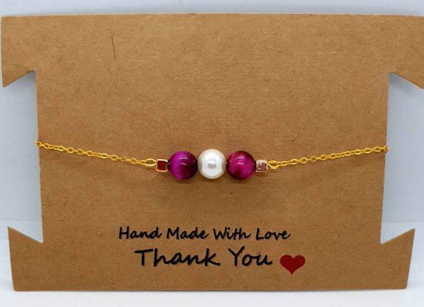 Gold Chain Bracelet With Pink Tiger Eye Crystal and White Pearl