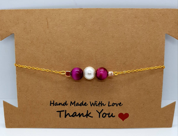Gold Chain Bracelet With Pink Tiger Eye Crystal and White Pearl
