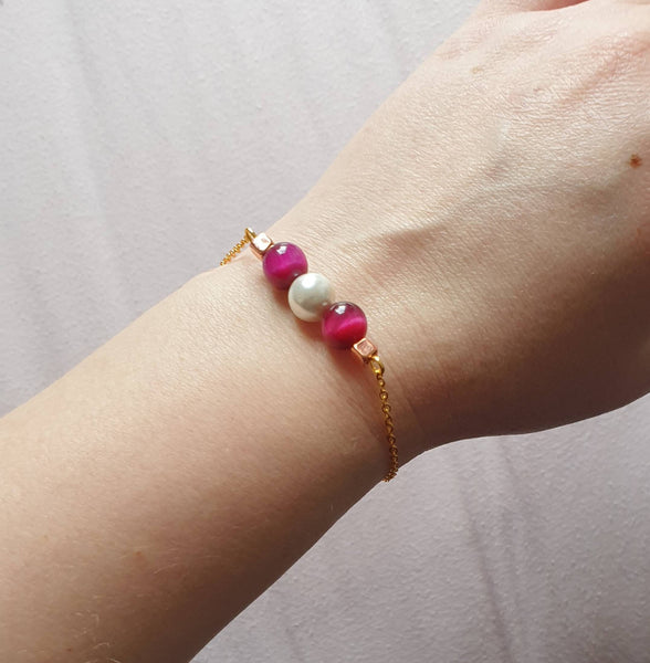 Gold Chain Bracelet With Pink Tiger Eye Crystal and White Pearl
