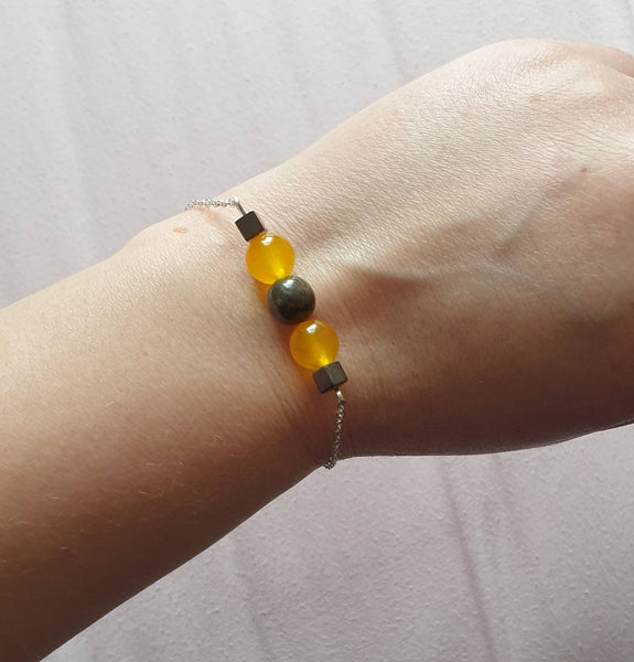 Handmade Silver Chain Bracelet With Yellow Jade and Pyrite Crystal