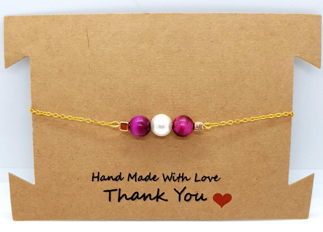 Gold Chain Bracelet With Pink Tiger Eye Crystal and White Pearl
