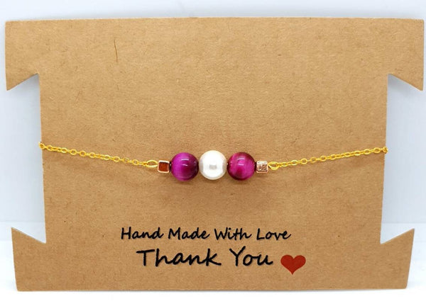 Gold Chain Bracelet With Pink Tiger Eye Crystal and White Pearl