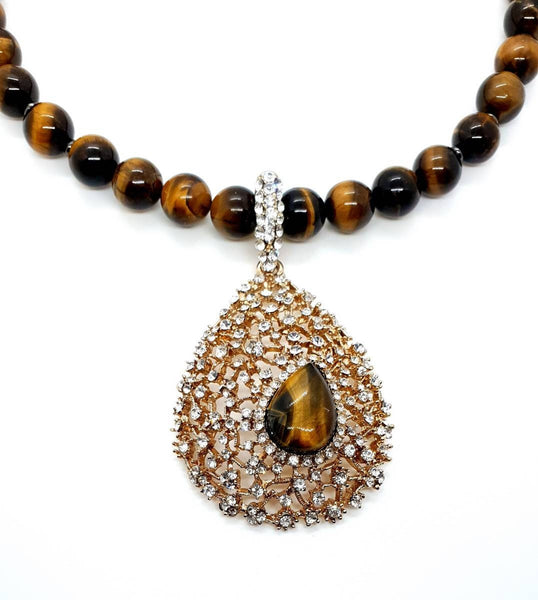 Tiger Eye Crystal Beaded Necklace With Gold Gemstone Teardrop Pendant