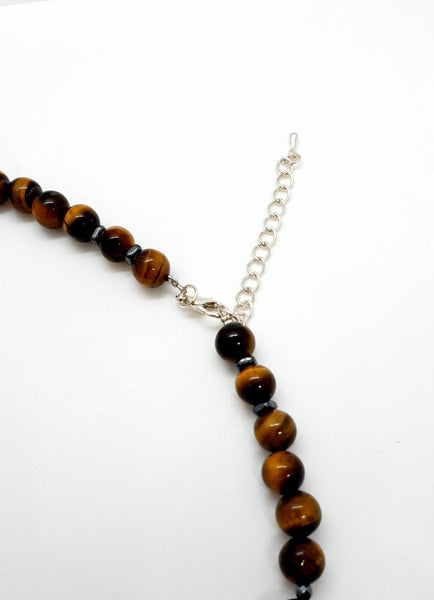 Tiger Eye Crystal Beaded Necklace With Gold Gemstone Teardrop Pendant