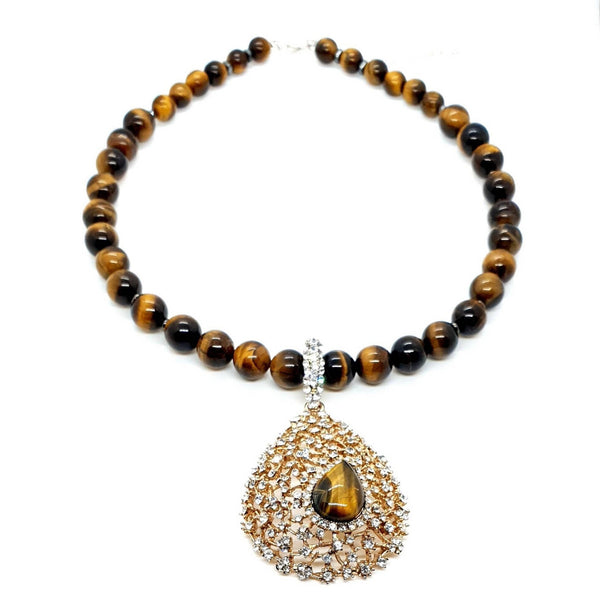 Tiger Eye Crystal Beaded Necklace With Gold Gemstone Teardrop Pendant