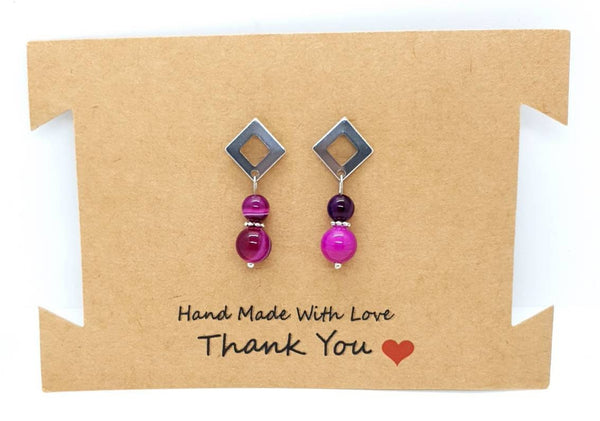 Handmade Silver Square Earrings With Pink Fuchsia Agate Crystal