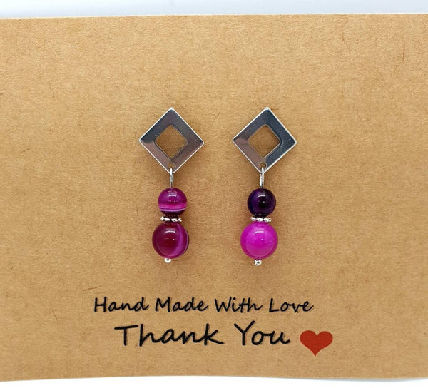 Handmade Silver Square Earrings With Pink Fuchsia Agate Crystal