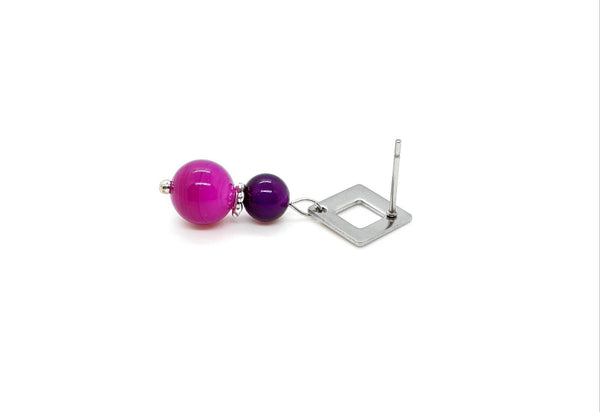 Handmade Silver Square Earrings With Pink Fuchsia Agate Crystal