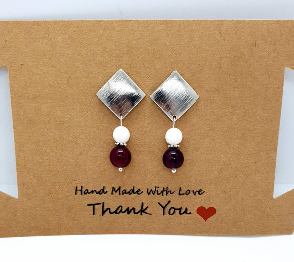 Silver Square Earrings With White Tridacna and Pink Agate Crystal
