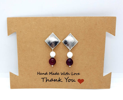Silver Square Earrings With White Tridacna and Pink Agate Crystal