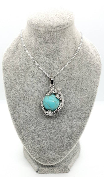 Green Turquoise Crystal Ball Necklace Pendant With Silver Dragon