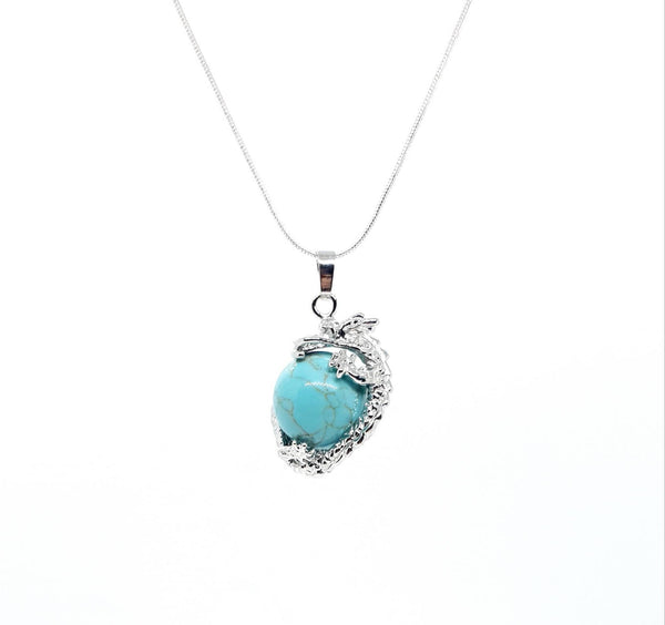 Green Turquoise Crystal Ball Necklace Pendant With Silver Dragon