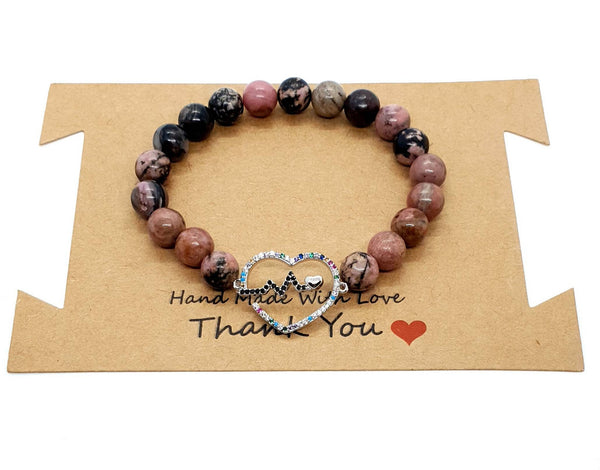 Handmade Rhodonite Crystal Beaded Bracelet With Silver Heart