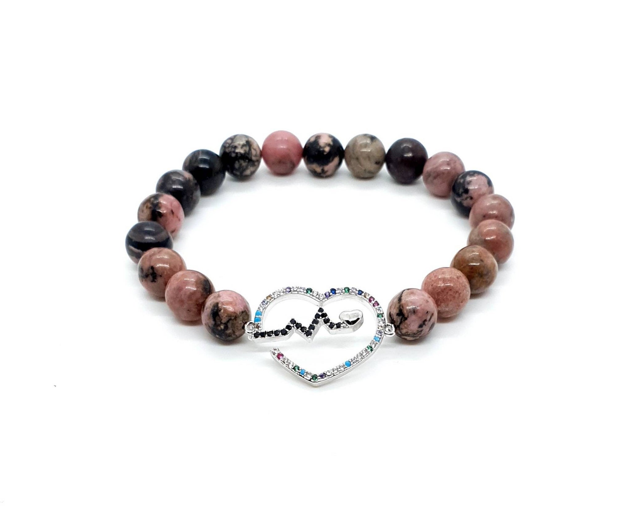 Handmade Rhodonite Crystal Beaded Bracelet With Silver Heart