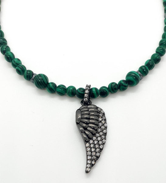 Handmade Green Malachite Crystal Anklet With Black Gemstone Angel Wing