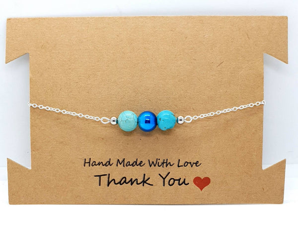 Handmade Green Turquoise Crystal and Blue Hematite Silver Chain Bracelet