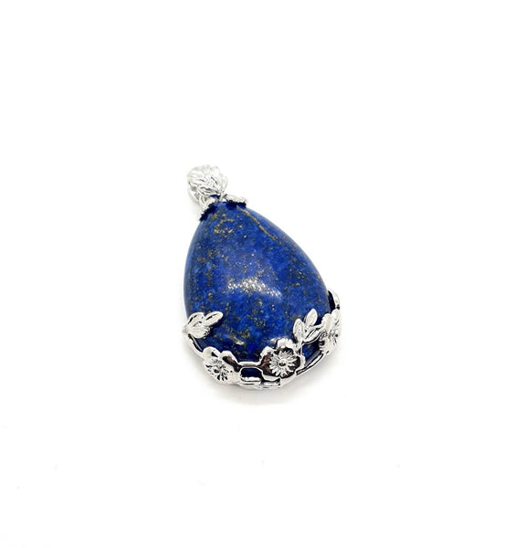 Blue Lapis Lazuli Teardrop Crystal Necklace Pendant With Flowers