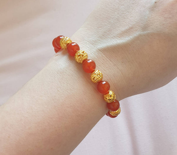 Handmade Red Carnelian Crystal Beaded Bracelet With Gold Butterfly Beads