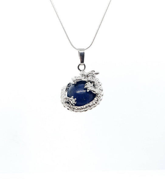 Blue Lapis Lazuli Crystal Ball Necklace Pendant With Silver Dragon