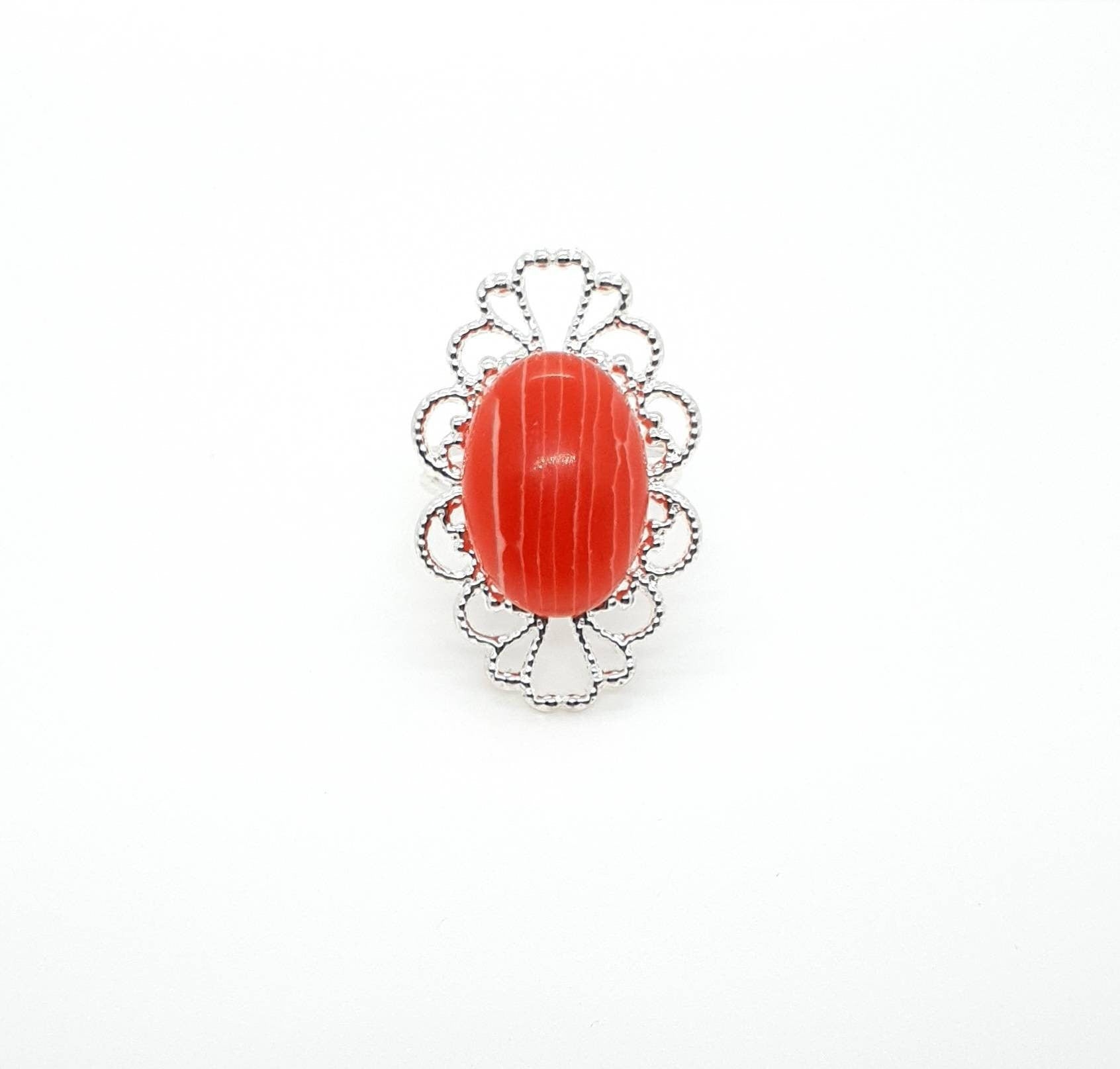 Silver Adjustable Ring With Red Stripe Agate Crystal Gemstone