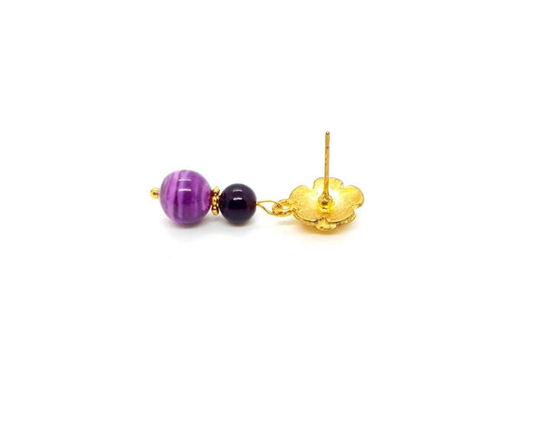Handmade Gold Rose Earrings With Pink Fuchsia Agate Crystal Drop