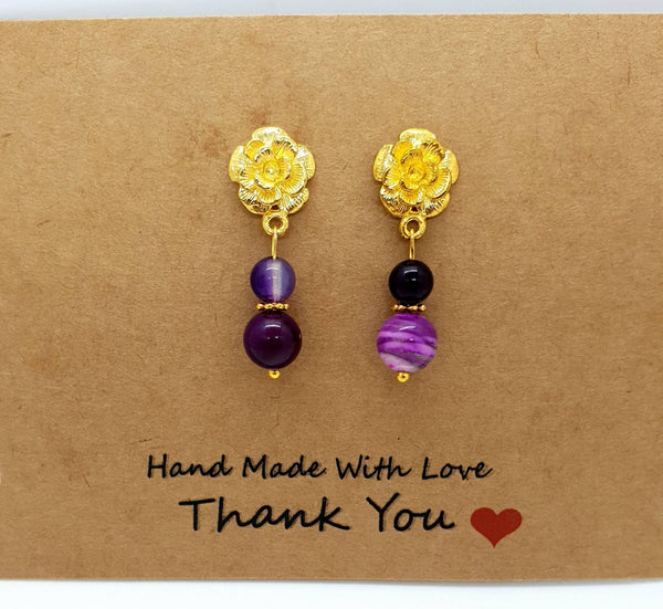 Handmade Gold Rose Earrings With Pink Fuchsia Agate Crystal Drop