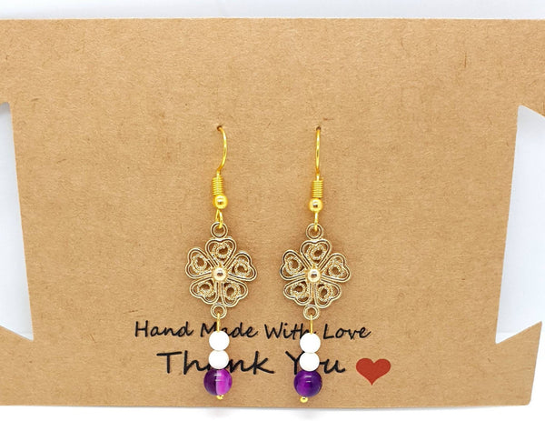 Handmade Gold Flower Earrings With White Tridacna & Pink Agate Crystal