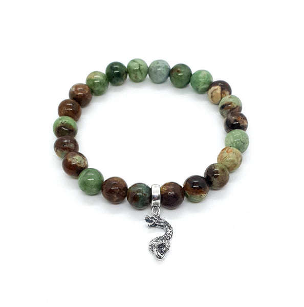 Green Chrysoprase Crystal Beaded Bracelet With Silver Chinese Dragon Charm Pendant