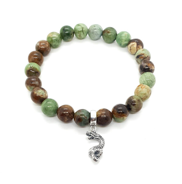 Green Chrysoprase Crystal Beaded Bracelet With Silver Chinese Dragon Charm Pendant