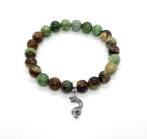 Green Chrysoprase Crystal Beaded Bracelet With Silver Chinese Dragon Charm Pendant