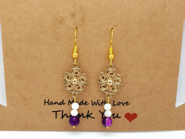 Handmade Gold Flower Earrings With White Tridacna & Pink Agate Crystal